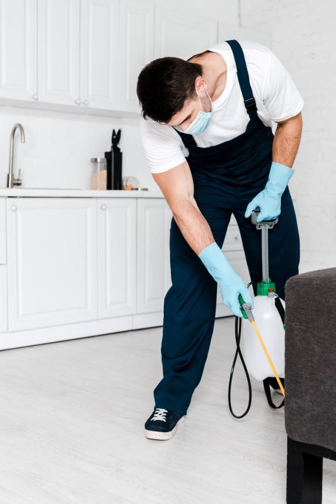 man in uniform and blue latex gloves holding spray with pesticide