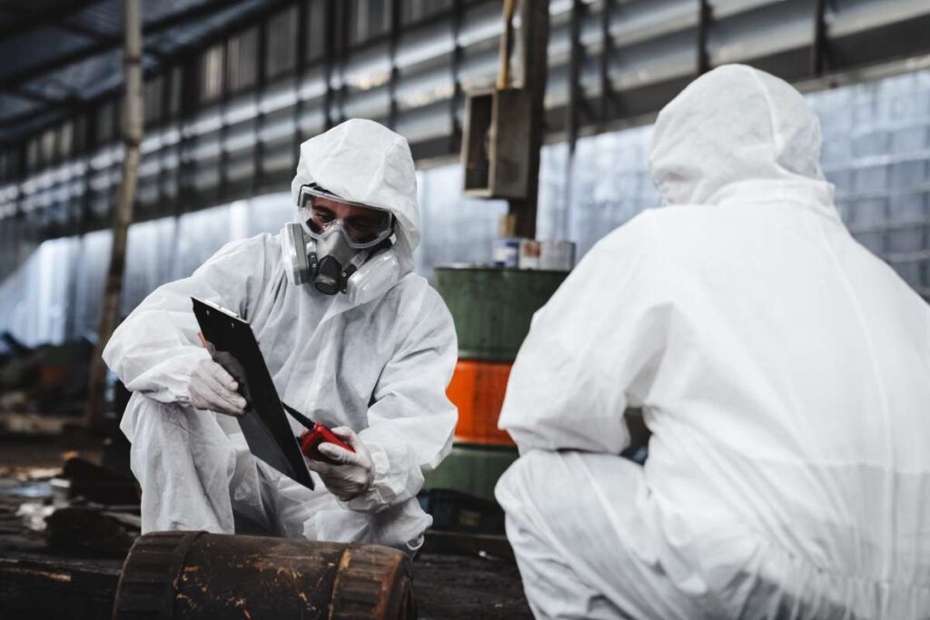 Workers wear protection suit checking chemical in old factory. Protecting Against Hazards and Contamination. Emergency Response to a Radioactive Accident.