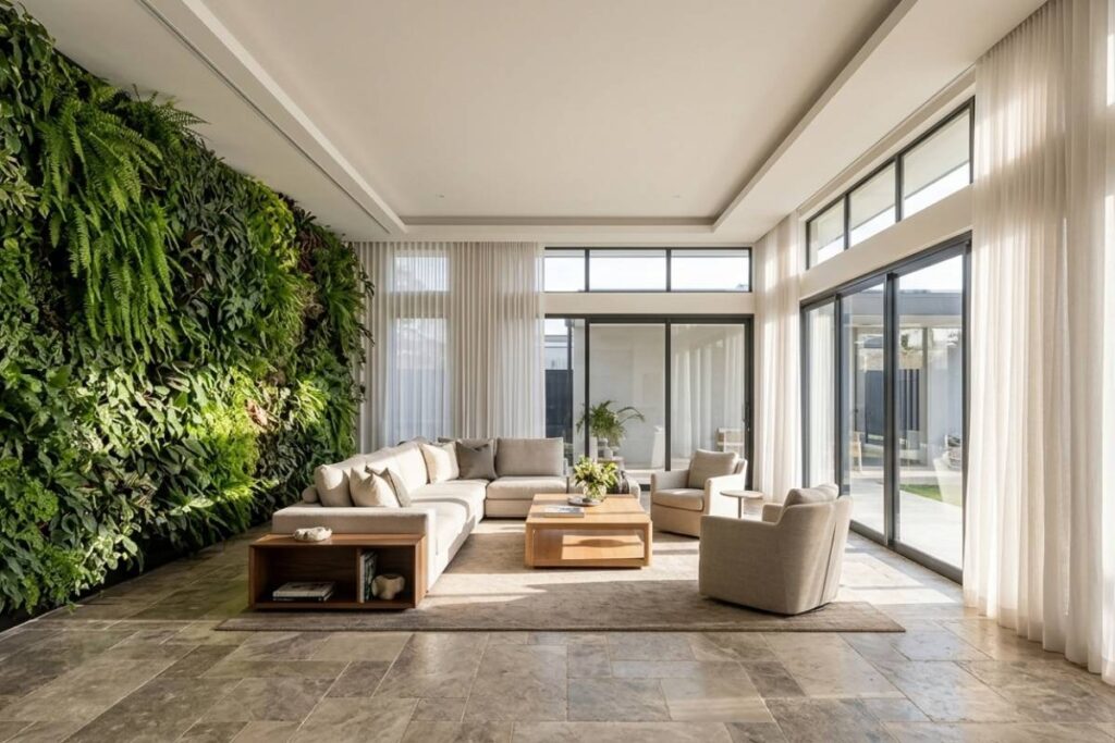 biophilic design living wall and natural light interior 2026